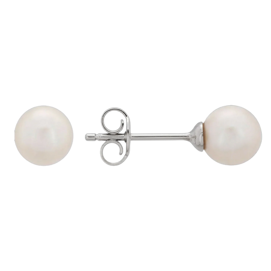 14k solid gold natural pearl stud earrings on a white background by Qutahia Jewelry