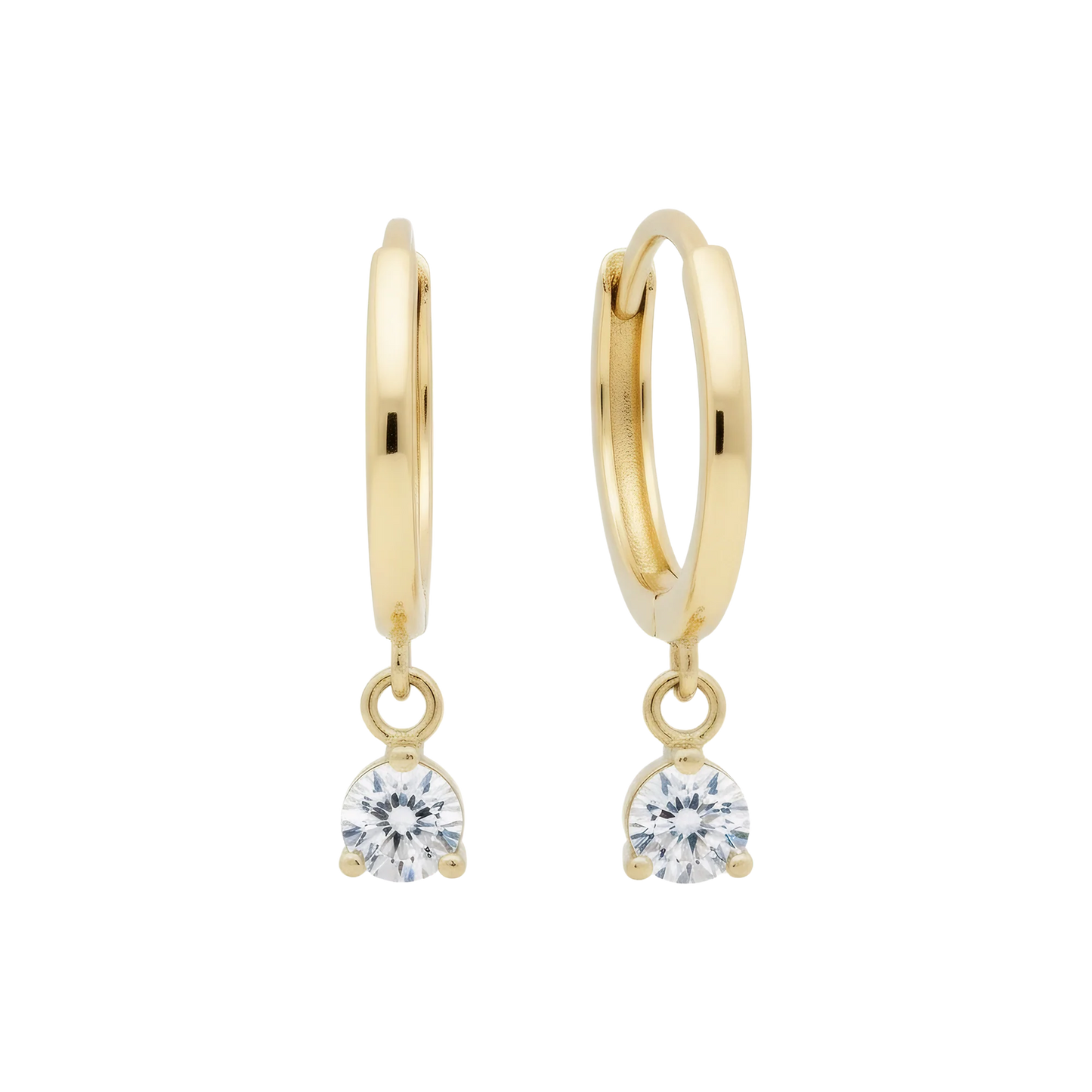 14k Solid Gold Dangling Huggie Earrings with Solitaire Claw Setting by Qutahia Jewelry.