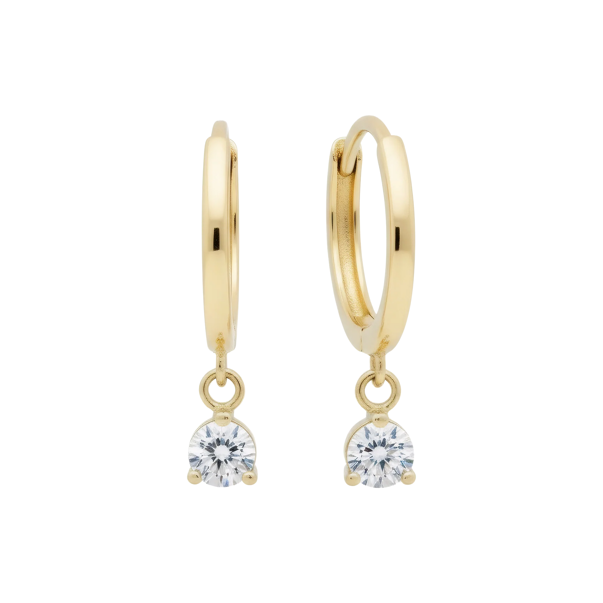14k Solid Gold Dangling Huggie Earrings with Solitaire Claw Setting by Qutahia Jewelry.