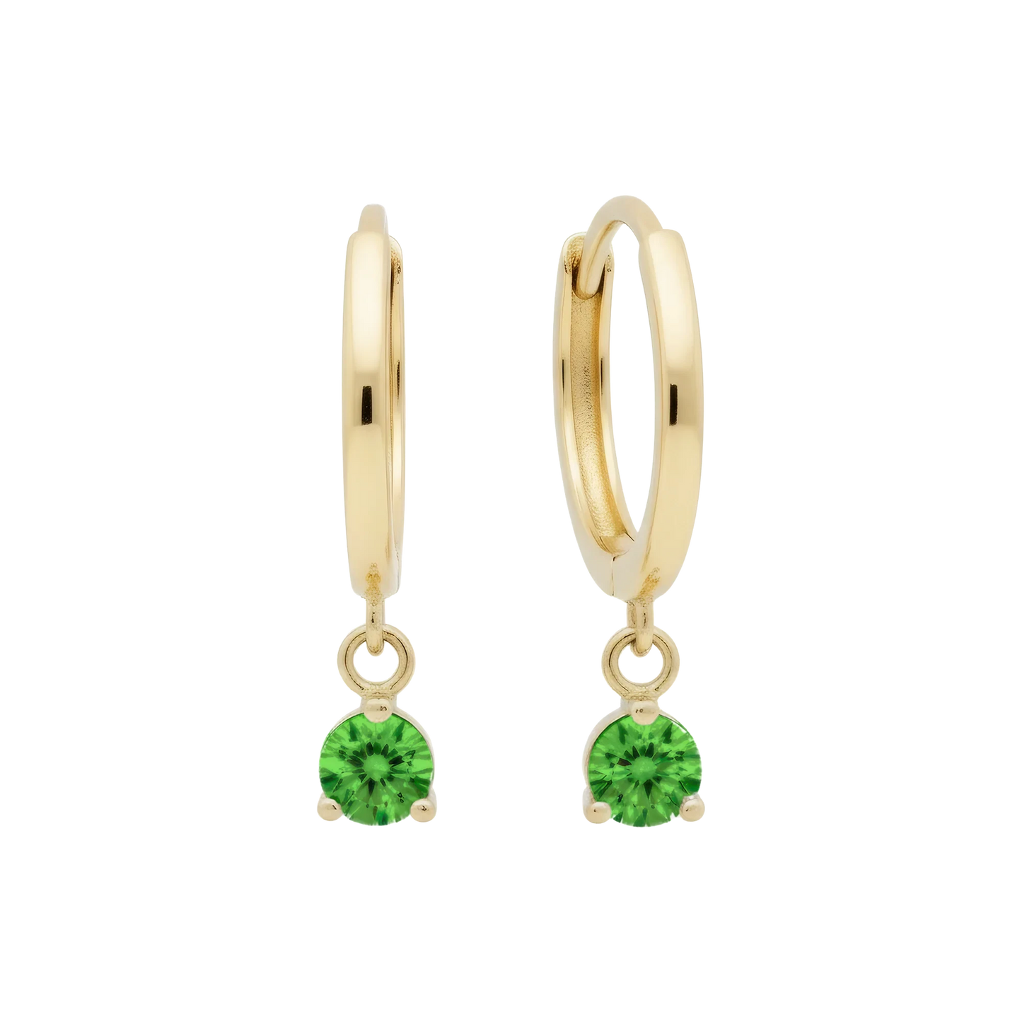 14k Solid Gold Dangling Huggie Earrings with Solitaire Claw Setting by Qutahia Jewelry.