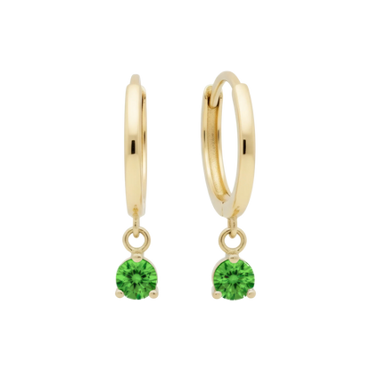 14k Solid Gold Dangling Huggie Earrings with Solitaire Claw Setting by Qutahia Jewelry.