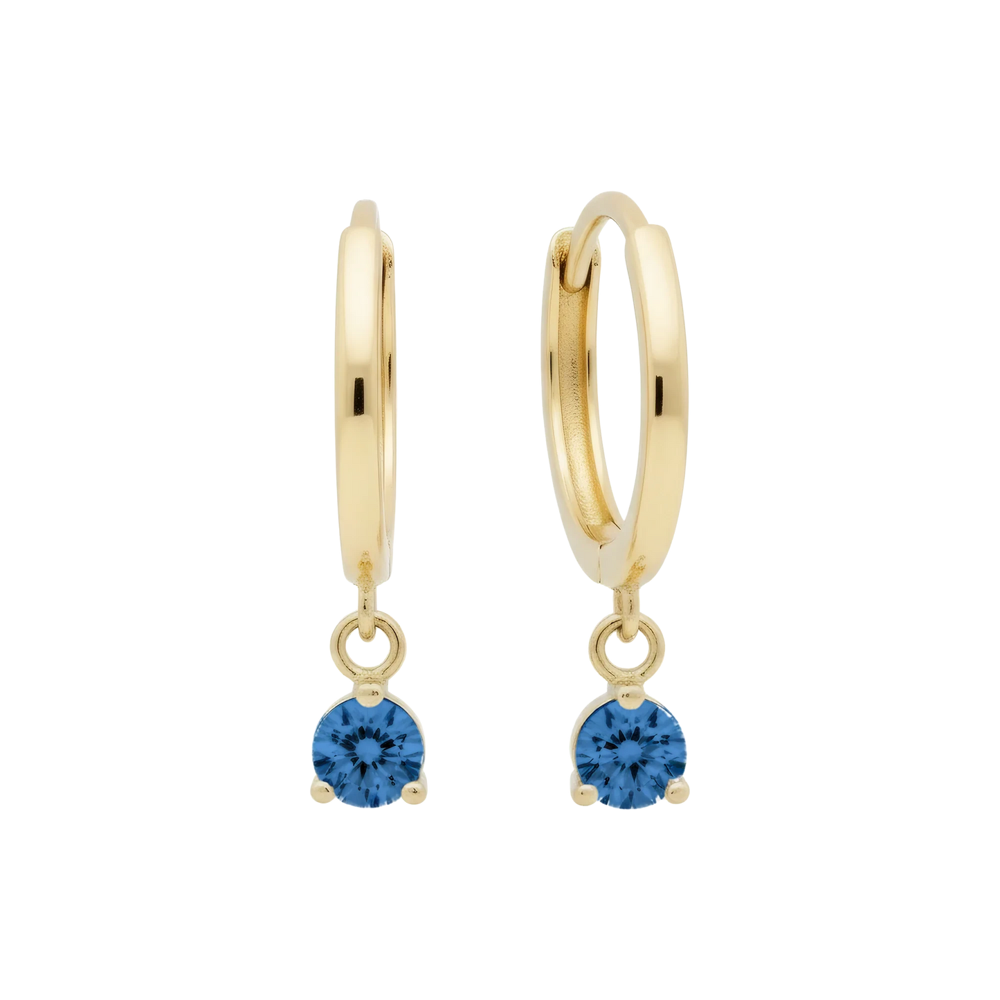 14k Solid Gold Dangling Huggie Earrings with Solitaire Claw Setting by Qutahia Jewelry.