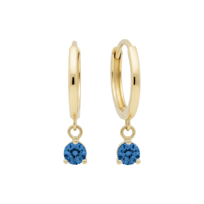 14k Solid Gold Dangling Huggie Earrings with Solitaire Claw Setting by Qutahia Jewelry.