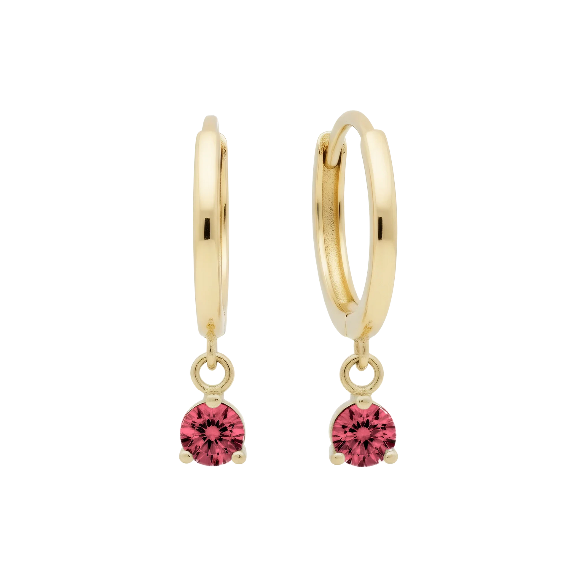 14k Solid Gold Dangling Huggie Earrings with Solitaire Claw Setting by Qutahia Jewelry.