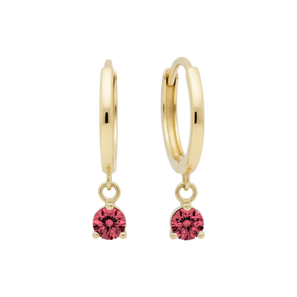 14k Solid Gold Dangling Huggie Earrings with Solitaire Claw Setting by Qutahia Jewelry.