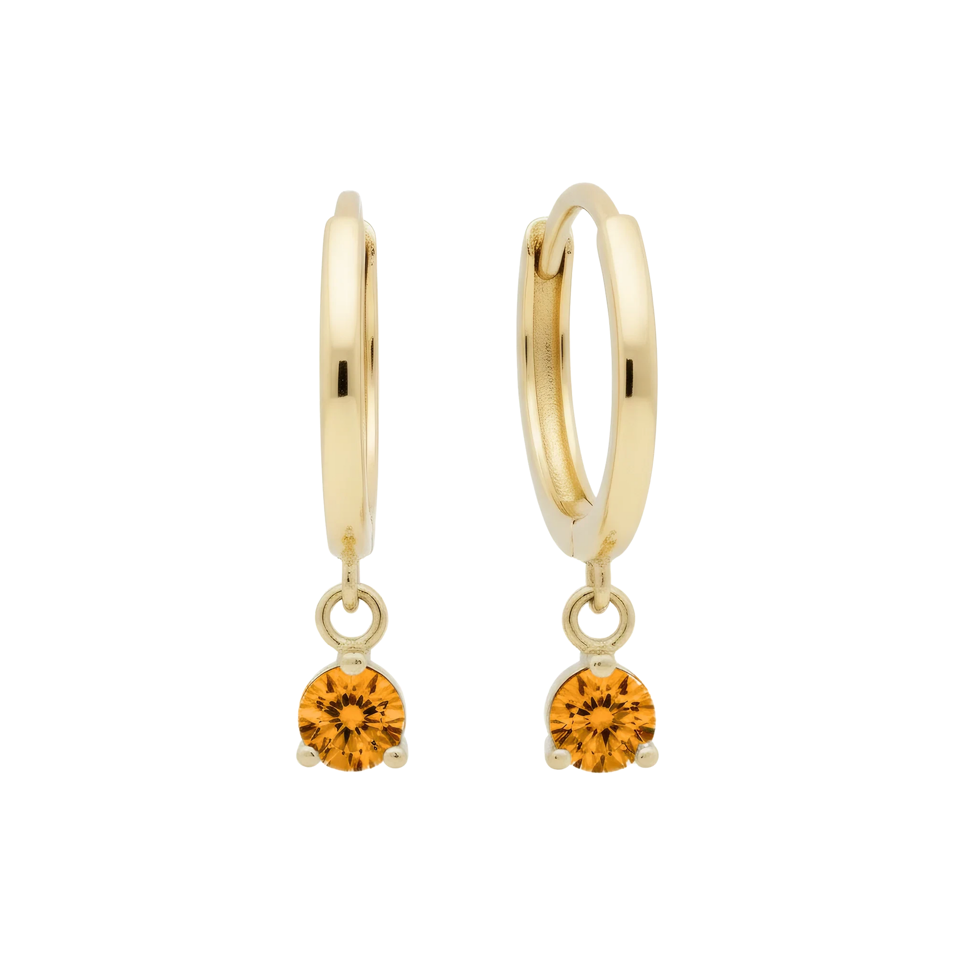 14k Solid Gold Dangling Huggie Earrings with Solitaire Claw Setting by Qutahia Jewelry.