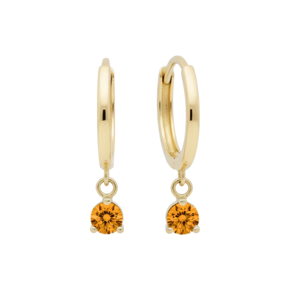 14k Solid Gold Dangling Huggie Earrings with Solitaire Claw Setting by Qutahia Jewelry.