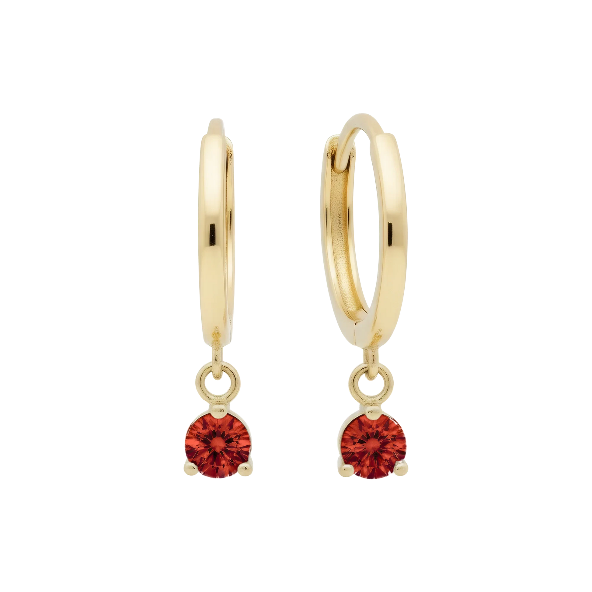 Handmade 9K Gold Dangle Huggie Earrings with Ruby and Sapphire Stones by Qutahia Jewelry.