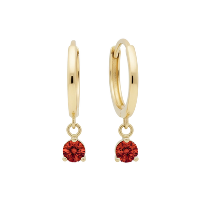 Handmade 9K Gold Dangle Huggie Earrings with Ruby and Sapphire Stones by Qutahia Jewelry.