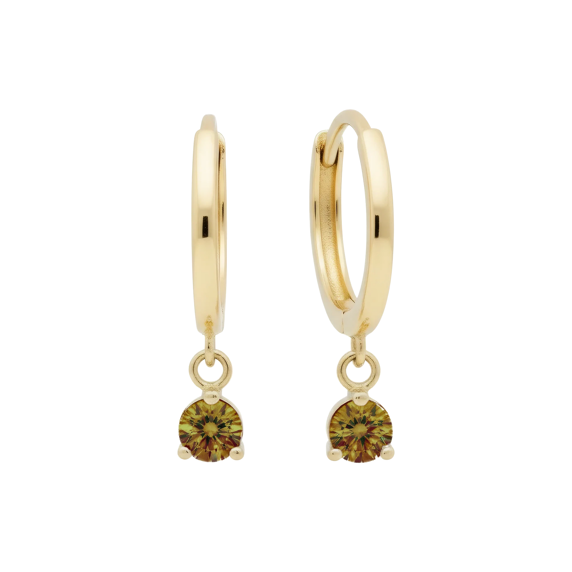 Hypoallergenic 14k Gold Earrings Huggies with Solitaire Gemstones for Women by Qutahia Jewelry.