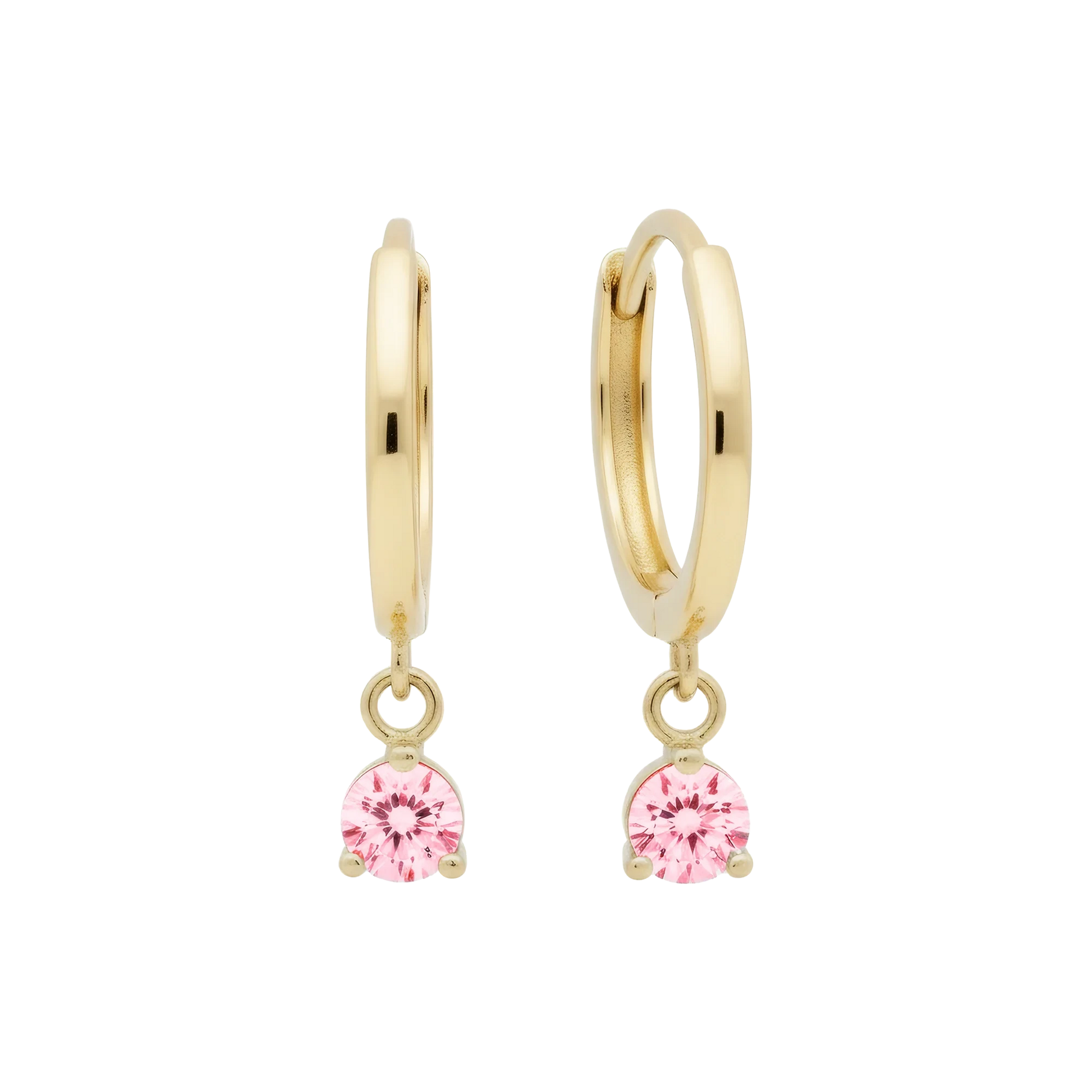 14k Solid Gold Dangling Huggie Earrings with Solitaire Claw Setting by Qutahia Jewelry.