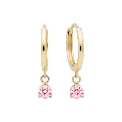 14k Solid Gold Dangling Huggie Earrings with Solitaire Claw Setting by Qutahia Jewelry.