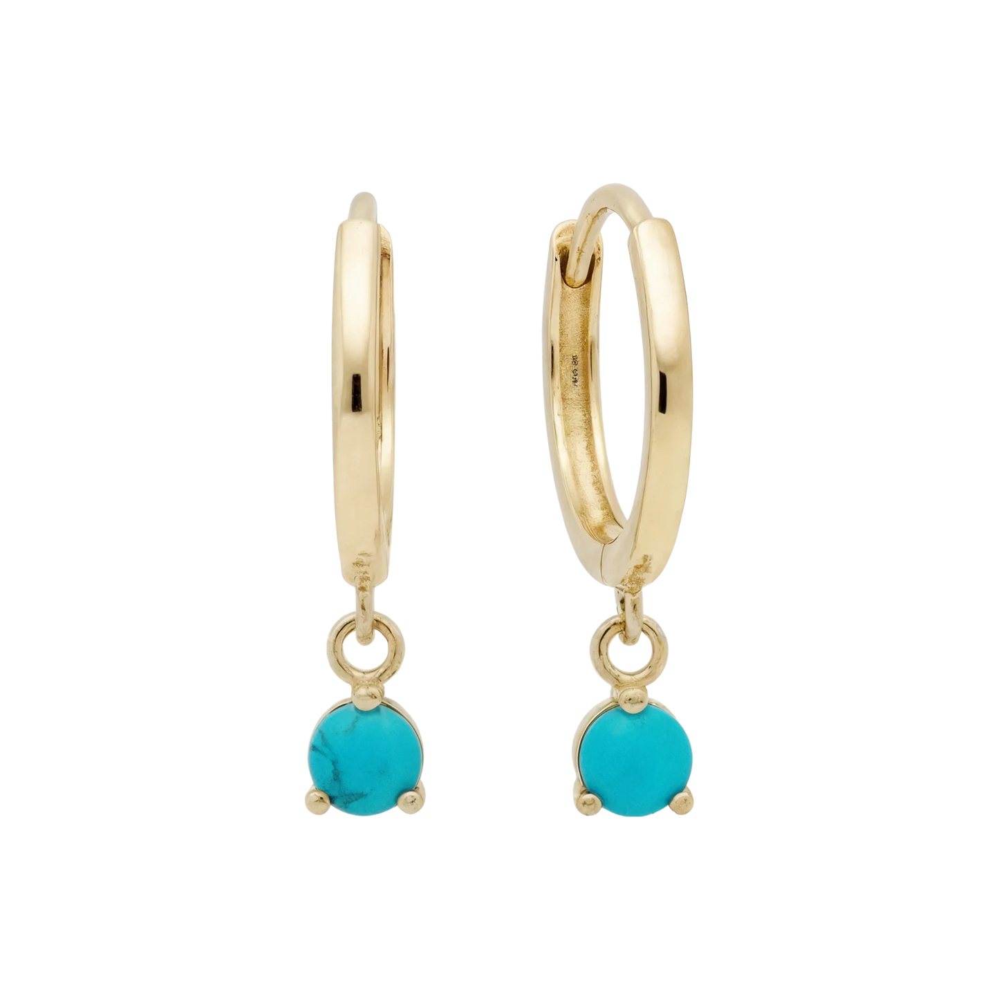 14k Solid Gold Dangling Huggie Earrings with Solitaire Claw Setting by Qutahia Jewelry.