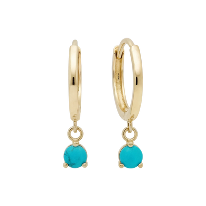 14k Solid Gold Dangling Huggie Earrings with Solitaire Claw Setting by Qutahia Jewelry.