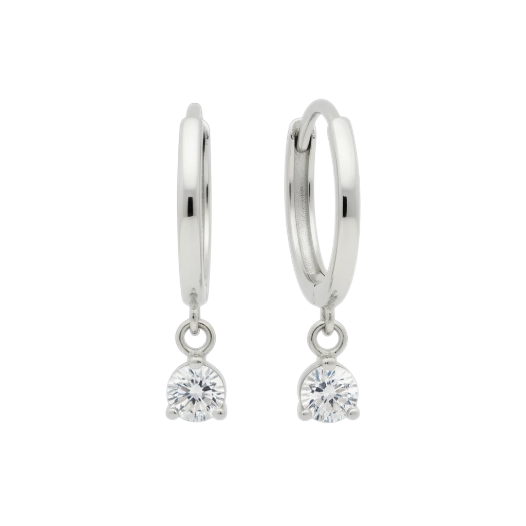 Qutahia Jewelry 14k solid gold dangling huggie earrings with clear claw-set solitaire gemstone.