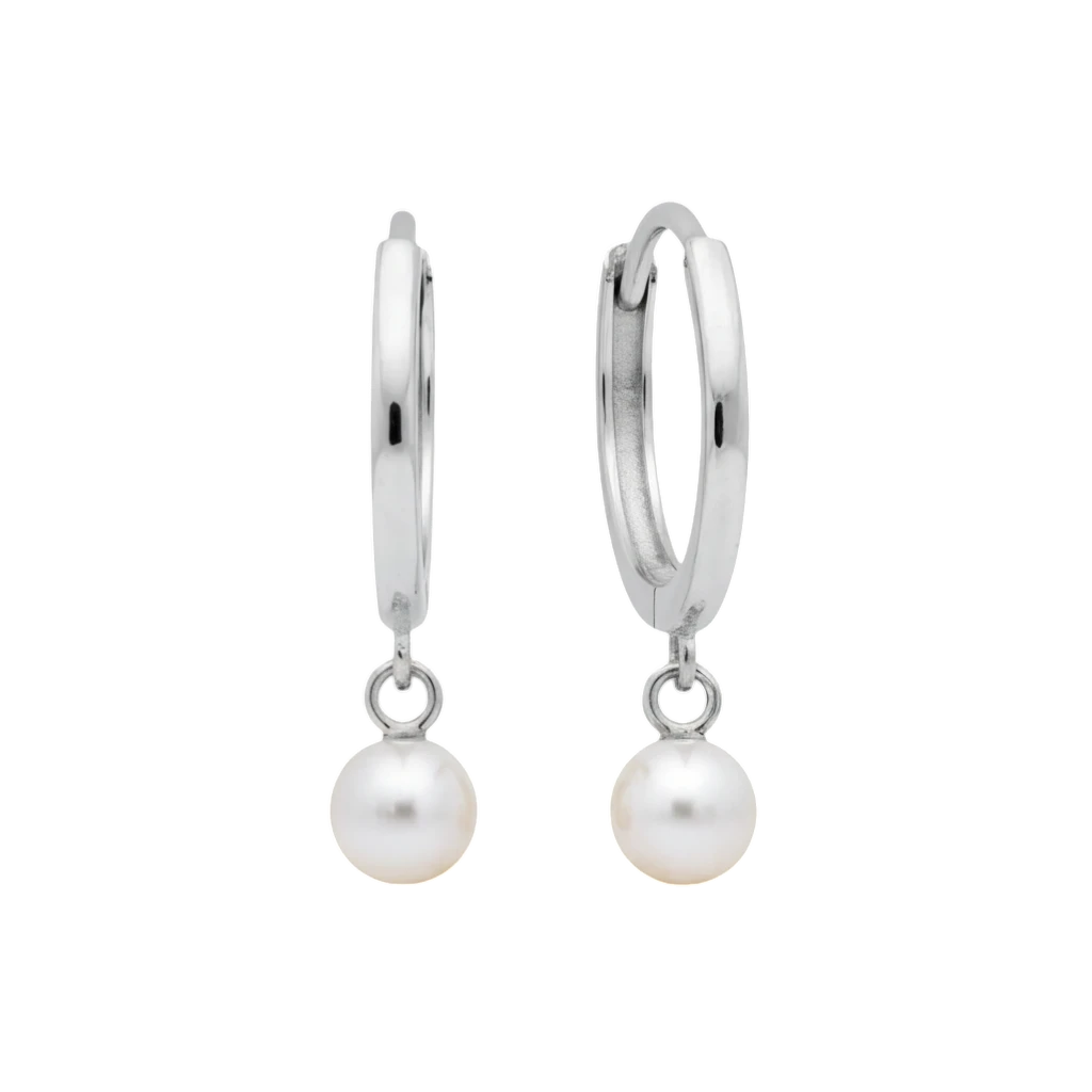 Qutahia Jewelry 14k solid gold huggie earrings with dangling pearl, claw-set solitaire.