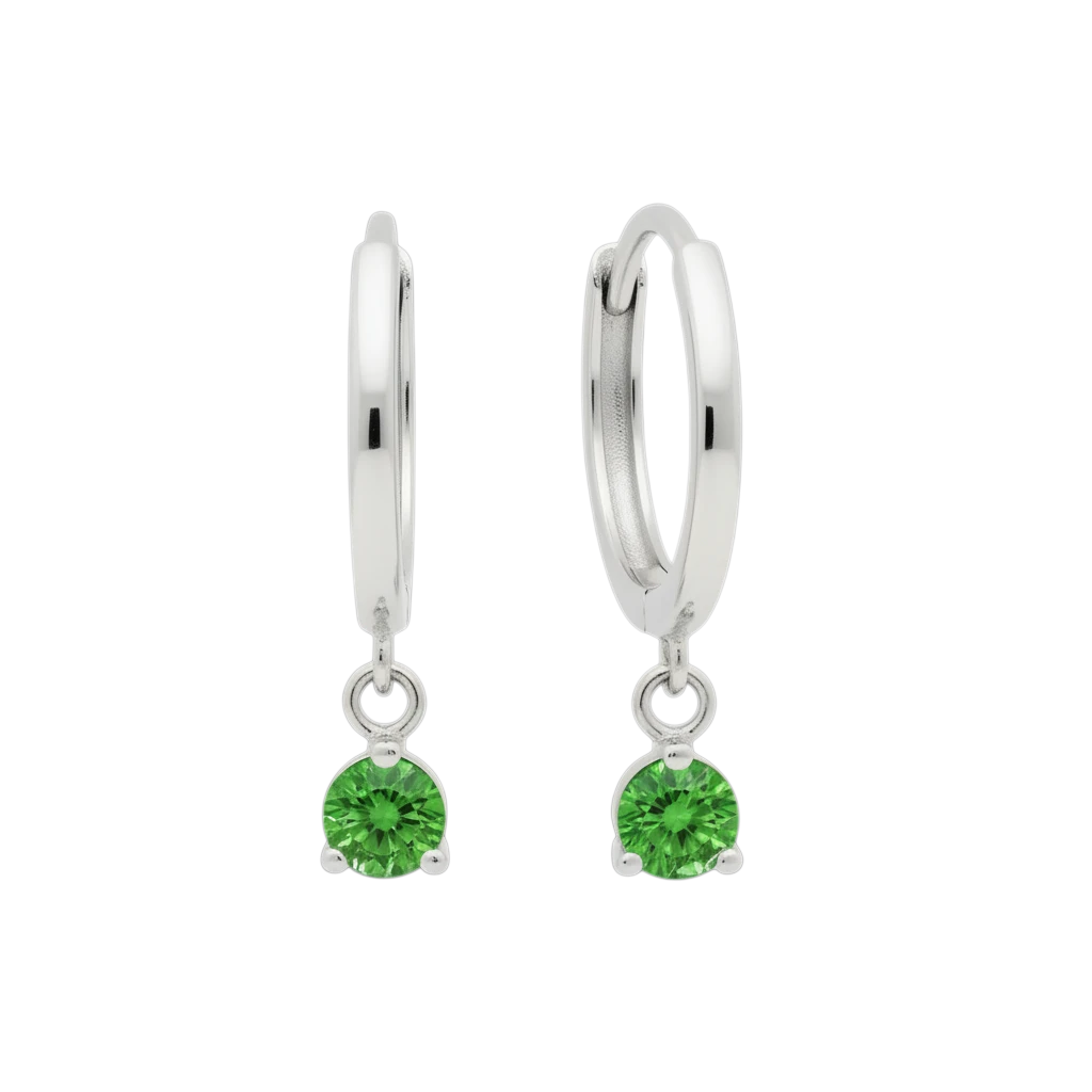Qutahia Jewelry 14k solid gold huggie earrings with dangling green gemstone in claw setting.